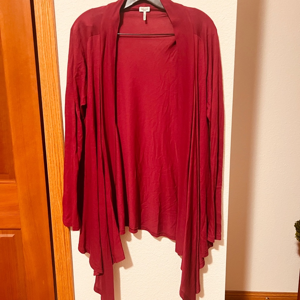 Splendid Burgundy Open Front Cardigan Waterfall Hem Pima Cotton Modal Women’s M